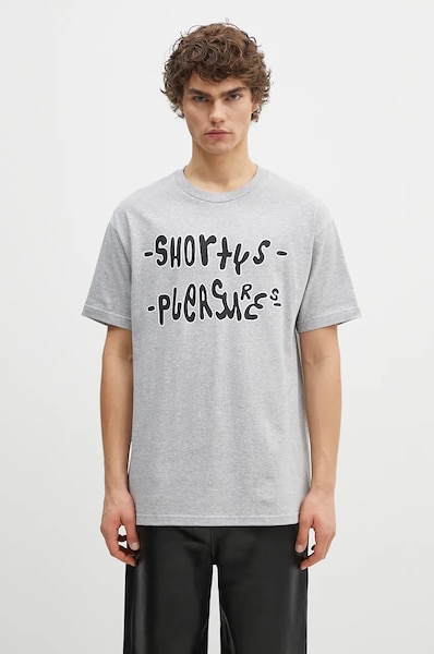 PLEASURES cotton t-shirt F Me men’s gray color with a print P24F021