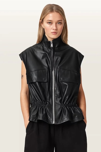 AllSaints prsluk za žene od kože FLOR crni W095LE