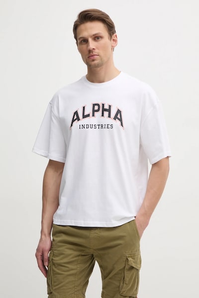 Alpha Industries tricou din bumbac College barbati, culoarea alb, cu imprimeu, 146501