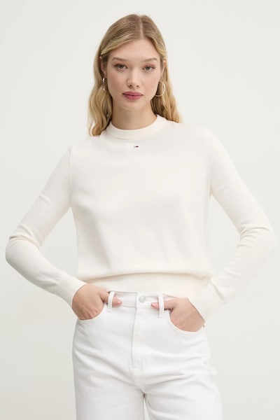 Tommy Jeans пуловер дамски от памук бежов DW0DW20159