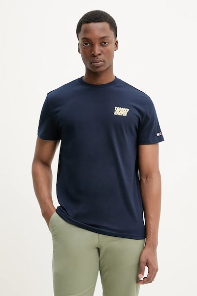 Pamučna majica Tommy Jeans za muškarce, boja: tamno plava, s tiskom, DM0DM21864