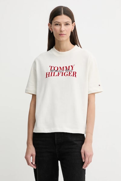 Pamučna majica Tommy Hilfiger za žene, boja: bež, WW0WW47884