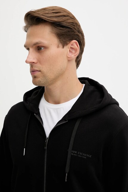 Хлопковая кофта Armani Exchange цвет чёрный с капюшоном однотонная