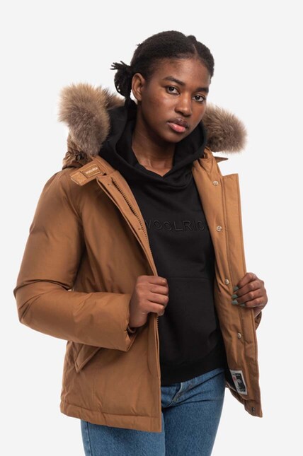 Woolrich down jacket Arctic Raccoon Short women's brown color at