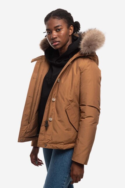Woolrich down jacket Arctic Raccoon Short women's brown color at
