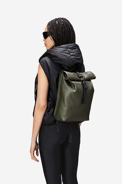 rains green backpack Rolltop Rucksack - Water Resistant Water Repellent Rolltop Padded Straps Air-Mesh Back Minimalist Contemporary Urban Design The backpack is made of 100% polyester on the outside and has a PU coating Custom Rains MSN Bag |
