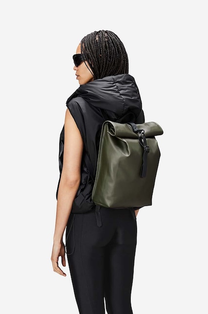 rains green backpack Rolltop Rucksack - Water Resistant Water Repellent Rolltop Padded Straps Air-Mesh Back Minimalist Contemporary Urban Design The backpack is made of 100% polyester on the outside and has a PU coating Custom Rains MSN Bag |