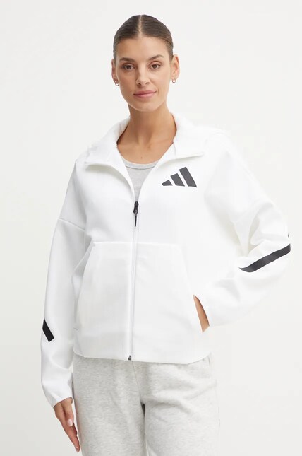 Кофта adidas ZNE женская цвет белый с капюшоном с принтом JE7849