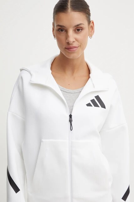 Кофта adidas ZNE женская цвет белый с капюшоном с принтом JE7849