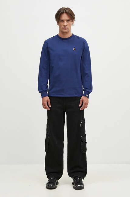 A Bathing Ape cotton longsleeve top One Point Longsleeve navy blue