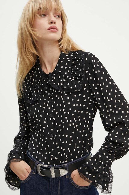 The Kooples camasa femei, culoarea negru, cu guler clasic, regular