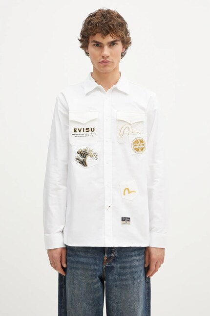 Evisu cotton shirt Evisu Logos & Wave Emb men's white color Evisu cotton shirt Evisu Logos & Wave Emb men's white color