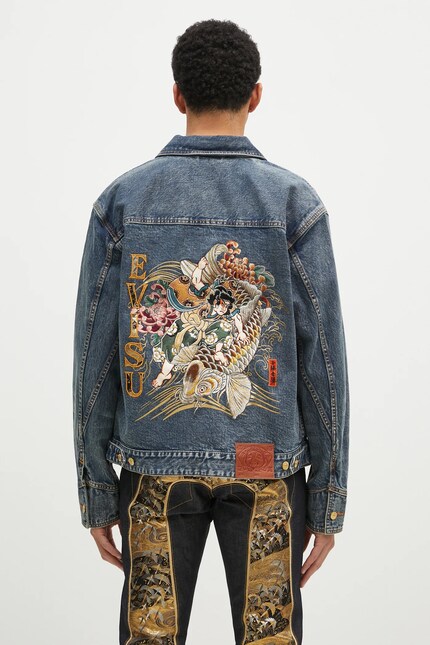 Evisu denim jacket Brocade Appliqué & Carp Emb men's navy blue