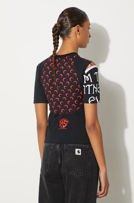 MARINE SERRE ブラック カットアウトTシャツ Moon Logo Ribbed Jersey Cut-Out T-Shirt • Marine Serre