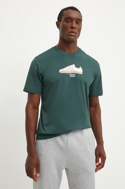Хлопковая футболка adidas Originals мужская цвет зелёный с принтом