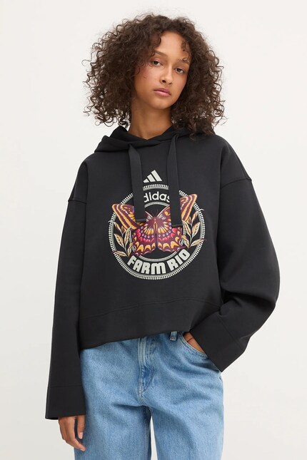 adidas bluză x Farm Rio culoarea negru, cu glugă, cu imprimeu