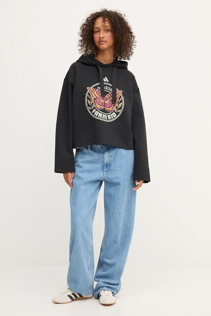 adidas bluză x Farm Rio culoarea negru, cu glugă, cu imprimeu