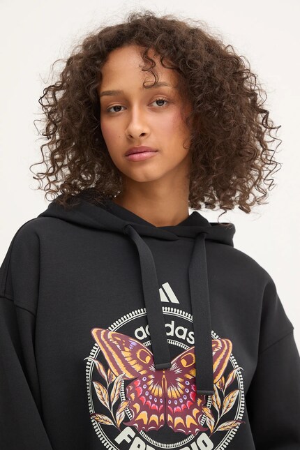 adidas bluză x Farm Rio culoarea negru, cu glugă, cu imprimeu