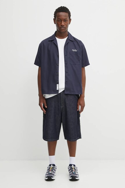 NEIGHBORHOOD shirt solid-color hawaiian shirt ss navy blue color