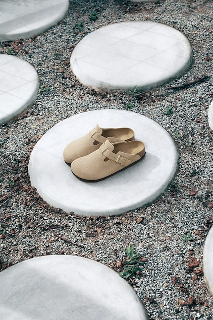 Birkenstock suede sliders Boston beige color 1030883 at PRM US Birkenstock suede sliders Boston beige color 1030883 at PRM US