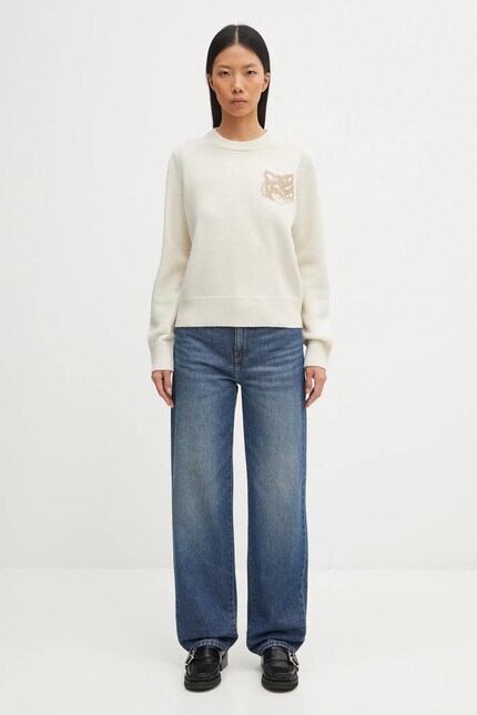 Maison Kitsuné woolen jumper Fox Head Intarsia Merino beige color