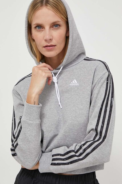 Хлопковая кофта adidas женская цвет серый с капюшоном с принтом