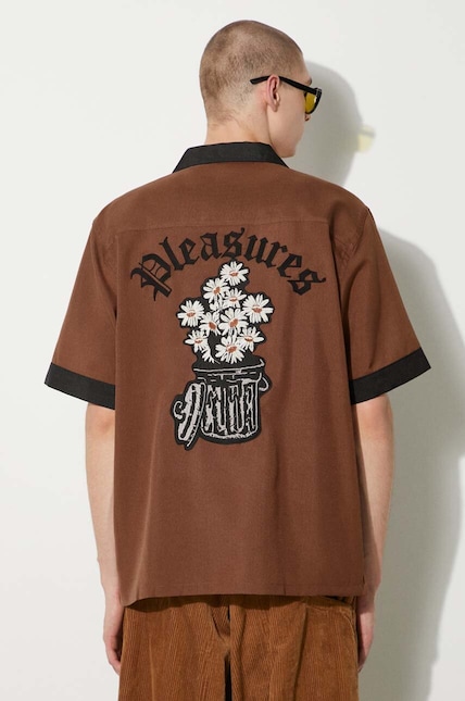 PLEASURES shirt Daisy Bowling Button Down men's brown color