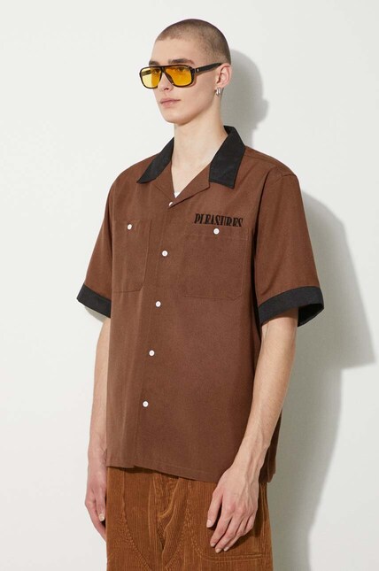 PLEASURES shirt Daisy Bowling Button Down men's brown color