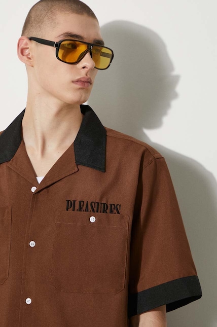 PLEASURES shirt Daisy Bowling Button Down men's brown color