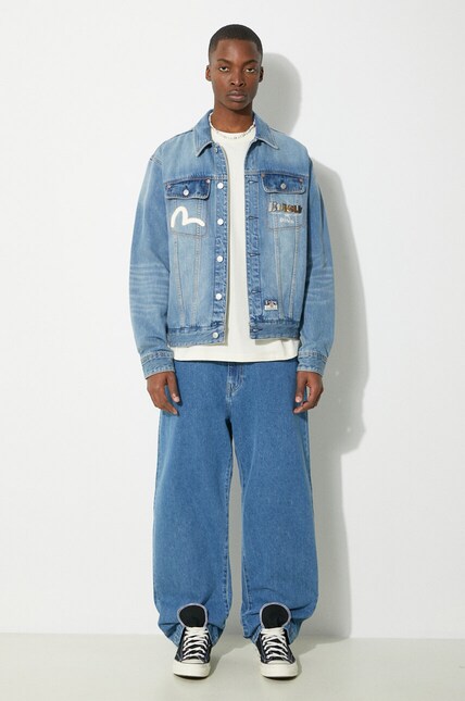 Evisu denim jacket Hanafuda Daruma Daicock men's blue color