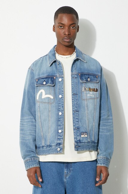 Evisu denim jacket Hanafuda Daruma Daicock men's blue color