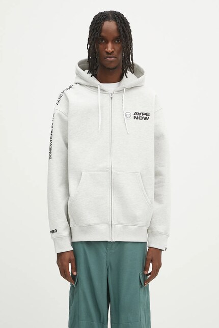 AAPE sweatshirt Now Zip Up gray color hooded with a print
