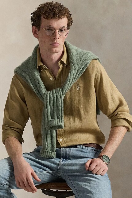 Polo Ralph Lauren Long Sleeve Sport Shirt linen Men's brown plain