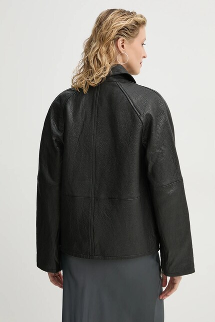 Samsoe Samsoe leather jacket SANOK women's black color F24400104