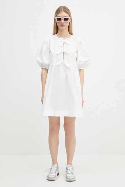 ganni feathery cotton mini dress GANNI cotton dress Cotton Poplin Tie String Mini white color F9170 at PRM US