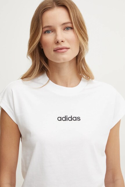 Хлопковая футболка adidas Essentials Linear женская цвет бежевый