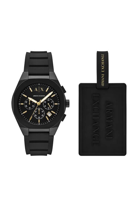 Armani Exchange ceas și etichetă pentru bagaje RAFAEL barbati, culoarea negru, AX7165SET