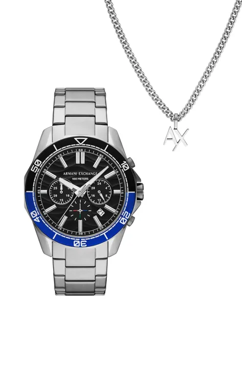 Hodinky a náhrdelník Armani Exchange SPENCER stříbrná barva, AX7166SET