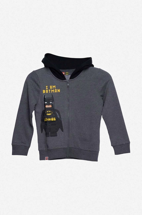 Lego hanorac de bumbac pentru copii culoarea gri, cu glugă, neted, Bluza Lego Wear Full Zip Hoodie 12010642 995