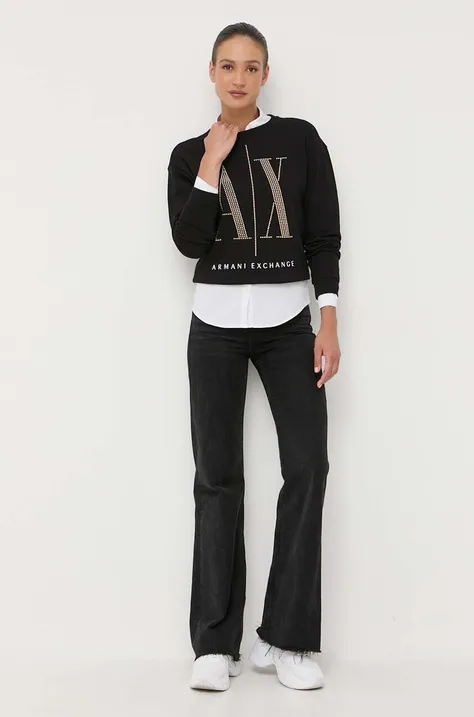 Bavlnená mikina Armani Exchange dámska, čierna farba, s nášivkou
