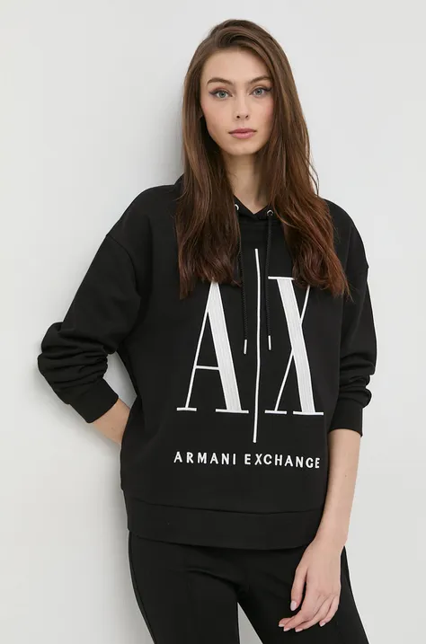 Pamučna dukserica Armani Exchange za žene, boja: crna, s kapuljačom, s aplikacijom