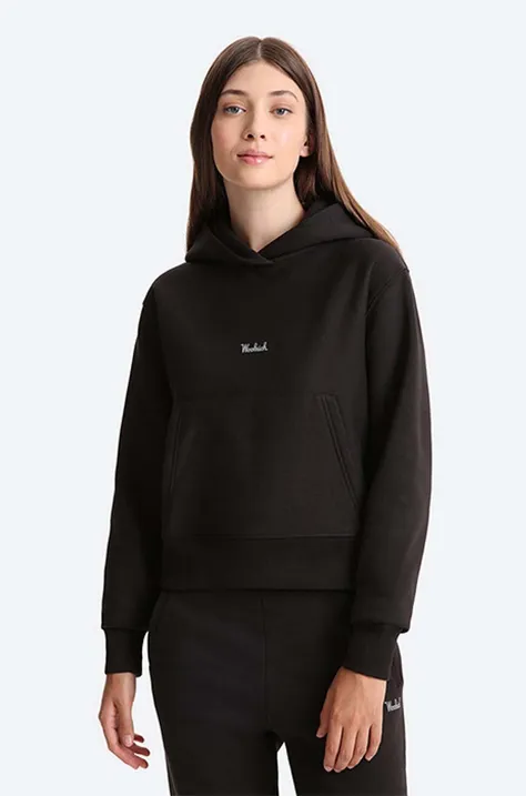 Кофта Woolrich Logo Fleece жіноча колір чорний з капюшоном однотонна CFWWSW0068FRUT2810-100