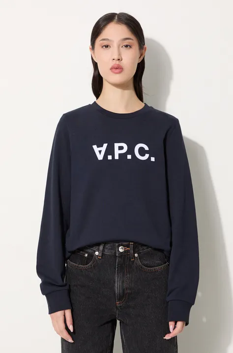 A.P.C. hanorac de bumbac Sweat Viva femei, culoarea albastru marin, cu imprimeu