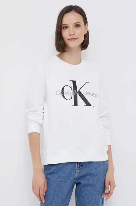 Bavlnená mikina Calvin Klein Jeans dámska, biela farba, s potlačou