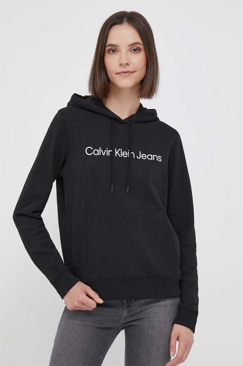 Calvin Klein Jeans bluza bawełniana damska kolor czarny z kapturem z nadrukiem