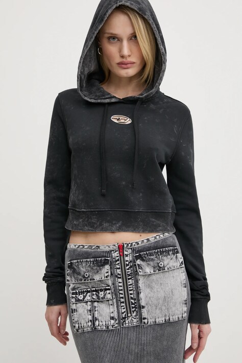 Bavlněná mikina Diesel F-SLIMMY-HOOD-P5 SWEAT-SHIRT dámská, černá barva, s kapucí, vzorovaná, A14492.0IPAC