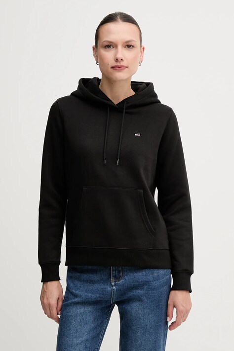 Tommy Jeans bluză culoarea negru, cu glugă, uni, DW0DW19958