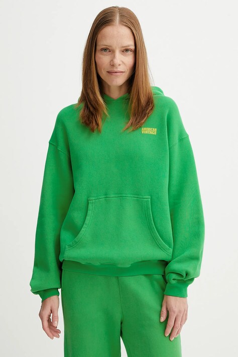 American Vintage bluza damska kolor zielony z kapturem gładka IZU03D