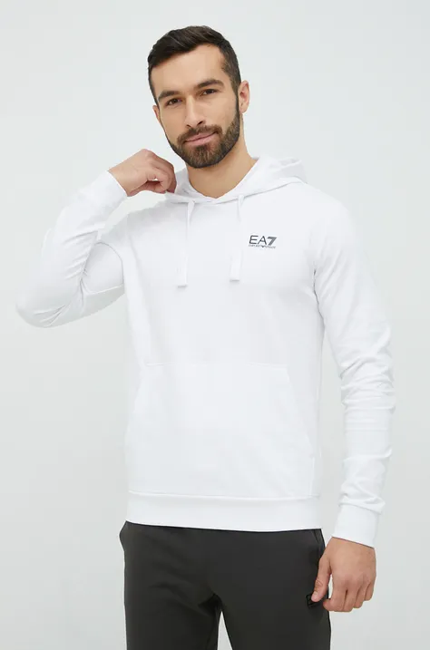 Bombažen pulover EA7 Emporio Armani moška, bela barva, s kapuco