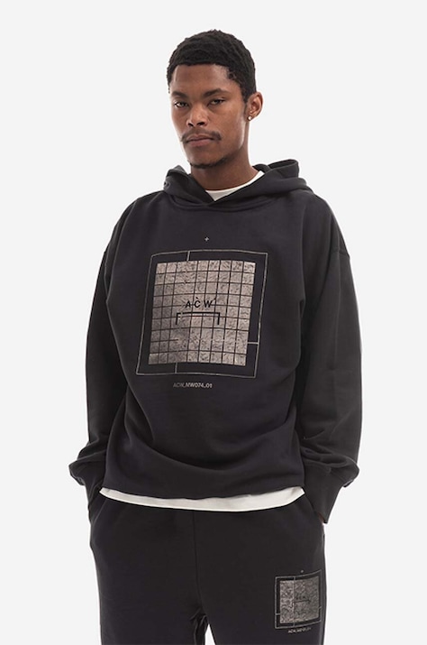 Bombažen pulover A-COLD-WALL* Foil Grid Hoodie moški, črna barva, s kapuco